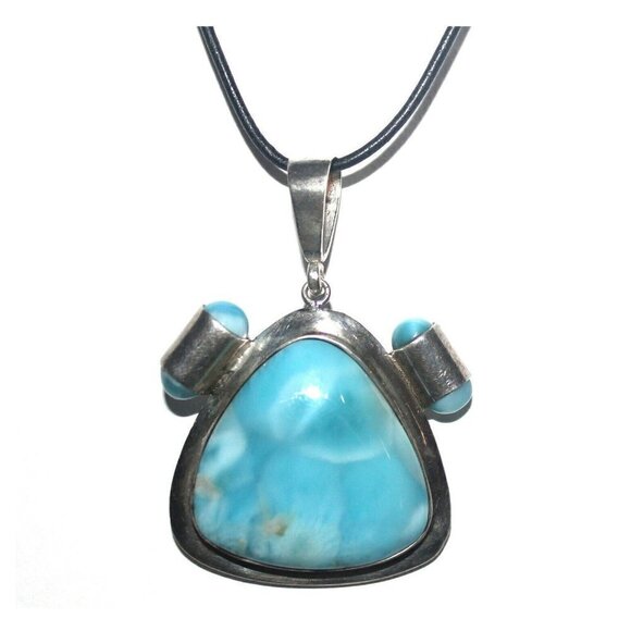 Rare High Quality Aqua Blue Larimar Stone Sterling Silver Pendant Cord Necklace - Picture 1 of 7